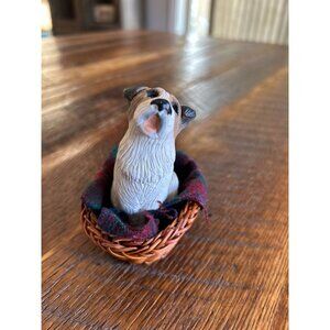 Byers Choice Ltd Terrier Dog Figurine In Basket W/ Plaid Blanket
